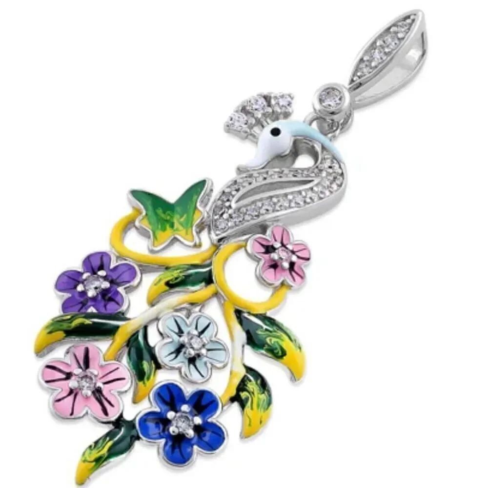 New Sterling Silver Hand-Painted Swan and Flowers CZ Pendant Necklace